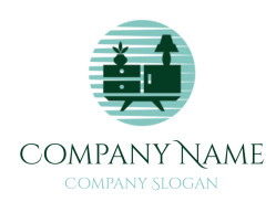 Retro furniture silhouette with table, lamp, and houseplant in teal circular badge.