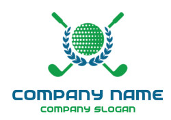 Golf logo with crossed clubs, laurel wreath, and green dotted golf ball