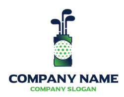 Illustration of a stylized golf bag with clubs and a green dotted golf ball.