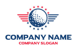 Patriotic logo featuring a golf ball with stars and stripes in red and blue.
