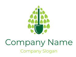 Illustration of a shovel surrounded by green leaves symbolizing eco-friendly gardening.