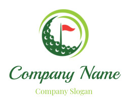 Golf themed logo featuring a red flag, a stylized green golf ball, and curving shapes.