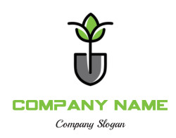 Stylized logo featuring a green plant with leaves growing from a black and gray spade.