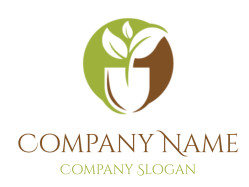 A nature-inspired logo featuring a green and brown circle with a stylized leaf design.