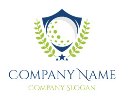 Golf emblem featuring a stylized golf ball with a laurel wreath and stars.