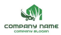 Green logo featuring a lawnmower and blades of grass representing lawn care and gardening services.