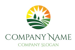 Circular landscape design featuring a sunburst with green fields and trees.