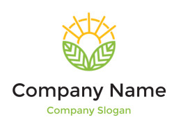 Logo featuring a sun rising above stylized green leaves.