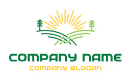 Logo with sun, trees, and green fields symbolizing nature and agriculture.