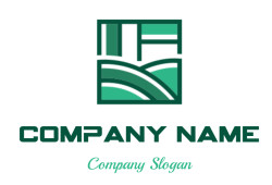 Green farm-themed logo with abstract geometric design.