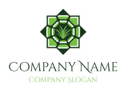 Green geometric floral logo with symmetrical hexagonal pattern.