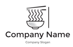 Black and white icon of a steaming bowl of noodles with chopsticks.