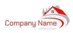 property logo driveway across roof pine trees