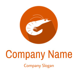 Abstract logo featuring a shrimp and a hand in an orange circle.