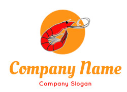 Cartoon red shrimp illustration on an orange circle background.