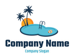travel logo pool with sun and palm trees