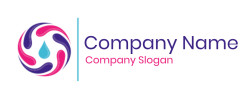 Logo featuring a central blue water drop surrounded by abstract pink and purple swirling shapes.