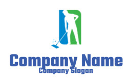 cleaning logo janitor and broom in rectangle