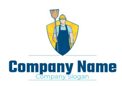 cleaning logo janitor holding broom in shield