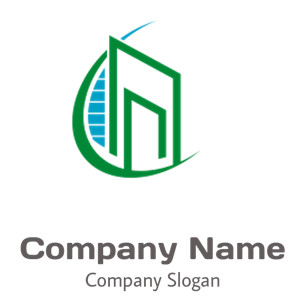 Abstract green and blue logo depicting a building with a globe element.
