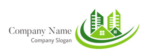 Green eco-friendly real estate logo featuring buildings and swoosh design.