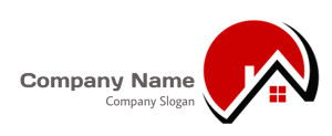 Minimalist red and black house logo with a roof and window design.