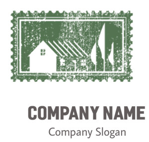 Vintage postage stamp featuring an illustration of a house with trees.