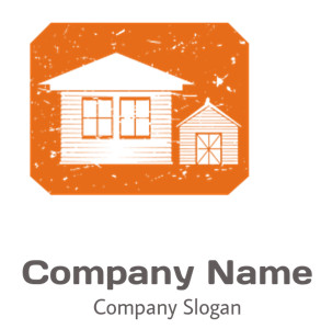 White icon of a house and shed on an orange background.