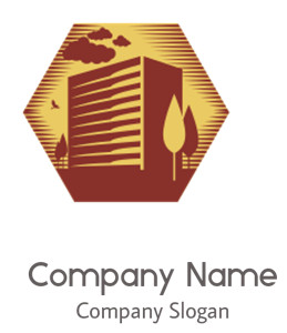 Hexagon illustration of a building silhouette with trees and clouds.