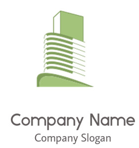 Abstract illustration of a green building with a modern architectural design.