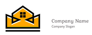 Logo featuring a modern house integrated with a mail envelope design in orange and black.
