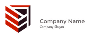 A geometric logo with red and black chevron design.