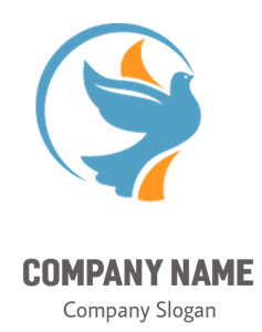 Stylized dove logo in blue with orange accents.