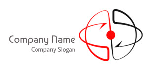 Abstract spherical design featuring red and black arrows intersecting at a central point.