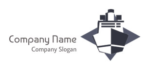 Stylized ship icon with a geometric background in dark and light shades.