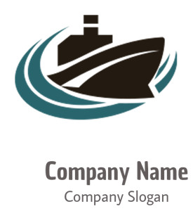 Stylized silhouette of a ship with surrounding waves in a logo design.