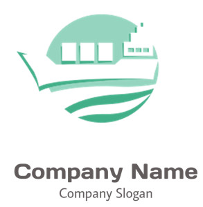 Stylized green cargo ship logo with containers in a minimalist design.