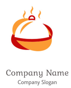 Illustration of a steaming food platter with a cloche in orange and red colors.