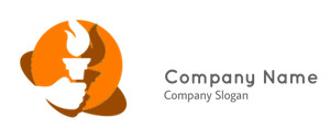 Logo of a hand holding a torch with a flame, set against an orange circle background.