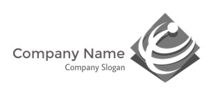 Abstract logo design with curving lines around a central sphere on a diamond background.