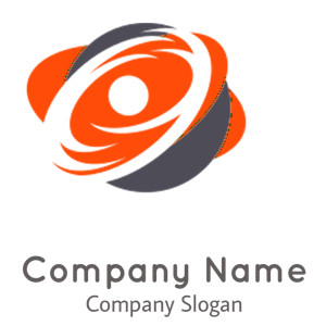 Abstract swirling shape in orange and gray with a circular design.