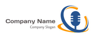 Logo design featuring a microphone with blue and orange swirling elements.
