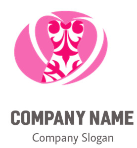 Stylized pink dress logo with abstract patterns in a circular design.