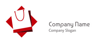 Red and white shopping bag icon on a red diamond background.