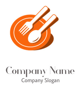 Illustration of an orange plate with a fork and spoon on top.