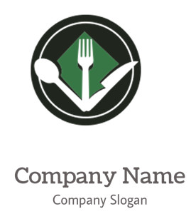 Logo with a fork and spoon crossed on a green napkin inside a black circle.