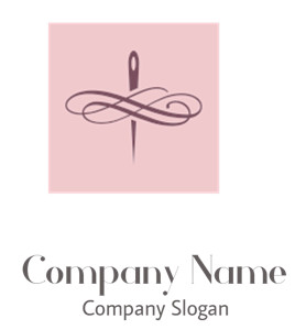 A logo featuring an elegant needle threaded with an infinity-shaped thread on a pink background.