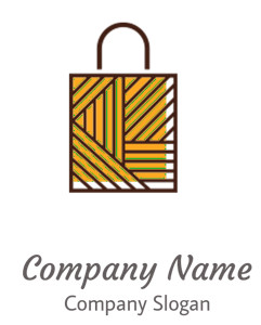 Minimalist shopping bag icon featuring a geometric pattern in brown and yellow.