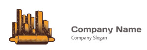 Logo featuring a rolling pin in front of skyscrapers representing an urban bakery theme.