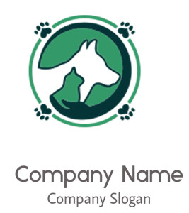 Logo featuring silhouettes of a dog and cat within a green circle, surrounded by paw prints.